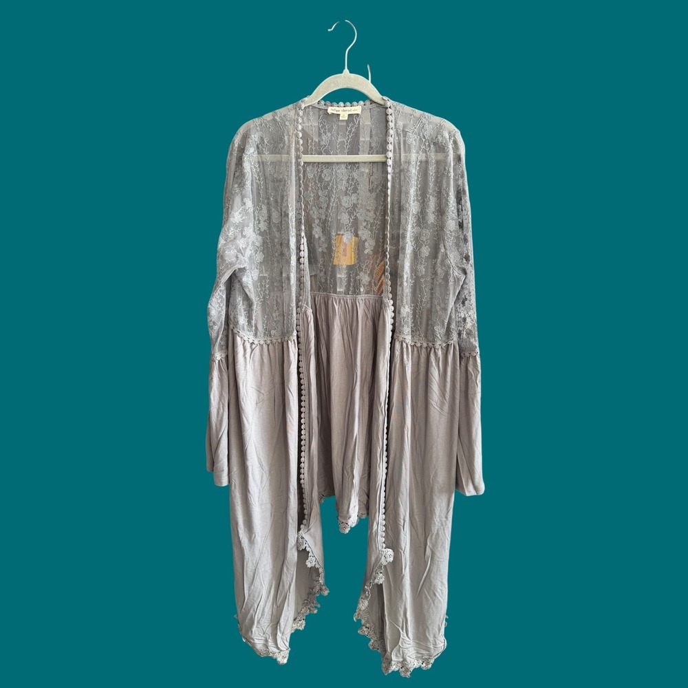 Indigo Thread Co Gray Floral Lace Open Front Kimono Cardigan Plus Size‎ 2X